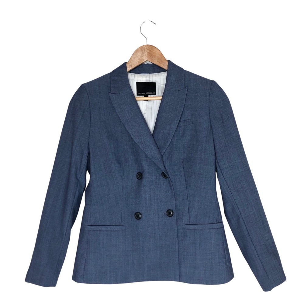 Banana Republic Wool Stretchy Steel Blue Double Breast Lined Jacket Blazer 2